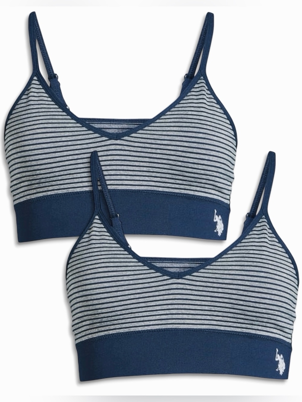 US Polo Assn Cami Bra Bralette Seamless 2-Pack Navy Blue Gray Stripe NWT